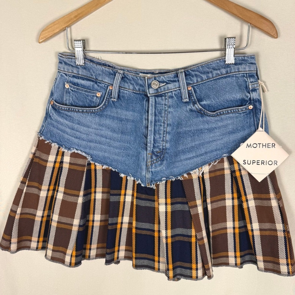 Mother Superior the Fluff and Fold Mini Plaid Pleated Denim Skirt Size 29 NWT